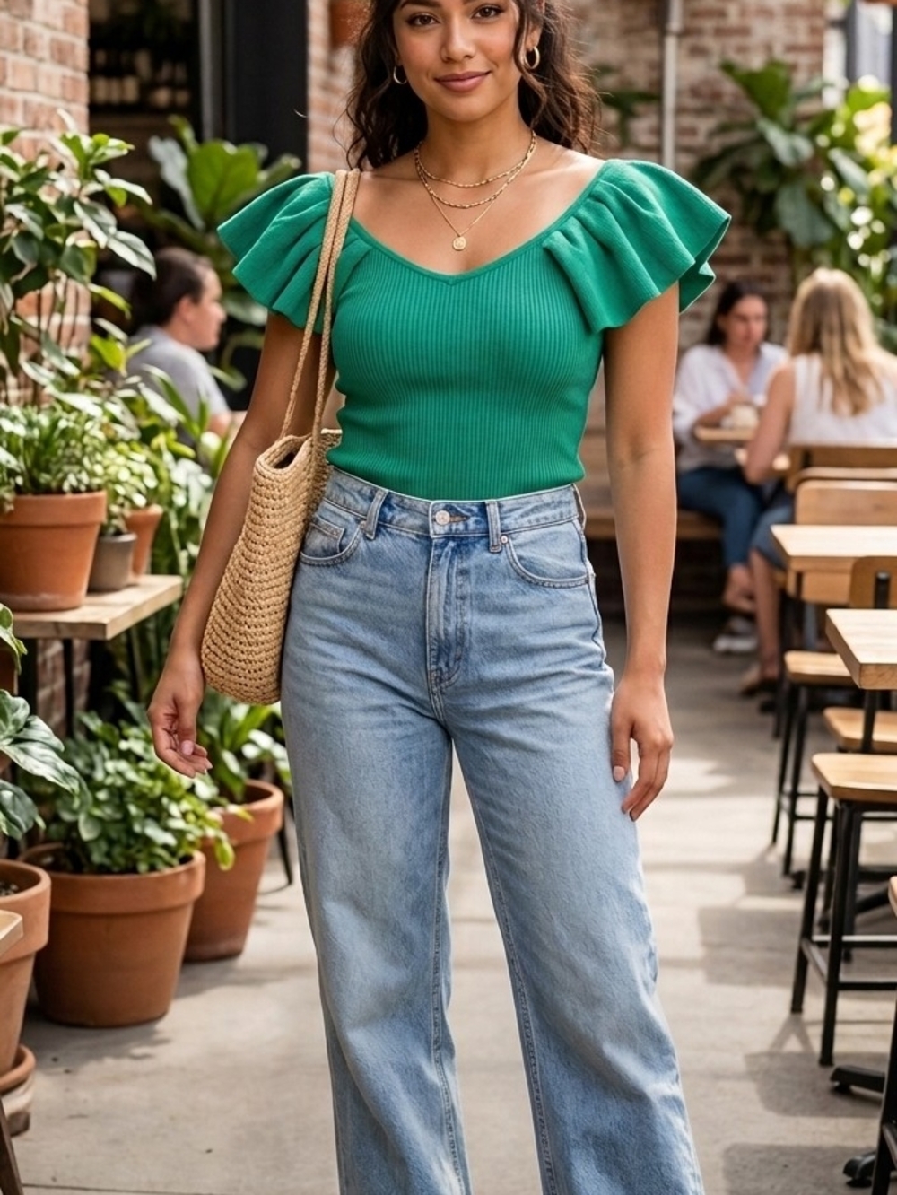 High-Rise Light Wash Jeans with Green Ribbed Top — Casual Chic